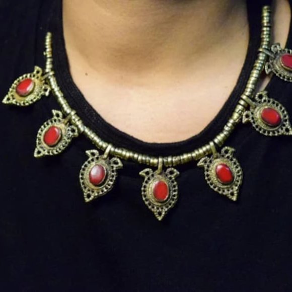 Vintage Stones Necklace, Turquoise Necklace, Turkmen Necklace, Afghan Jewelry, - Picture 1 of 4